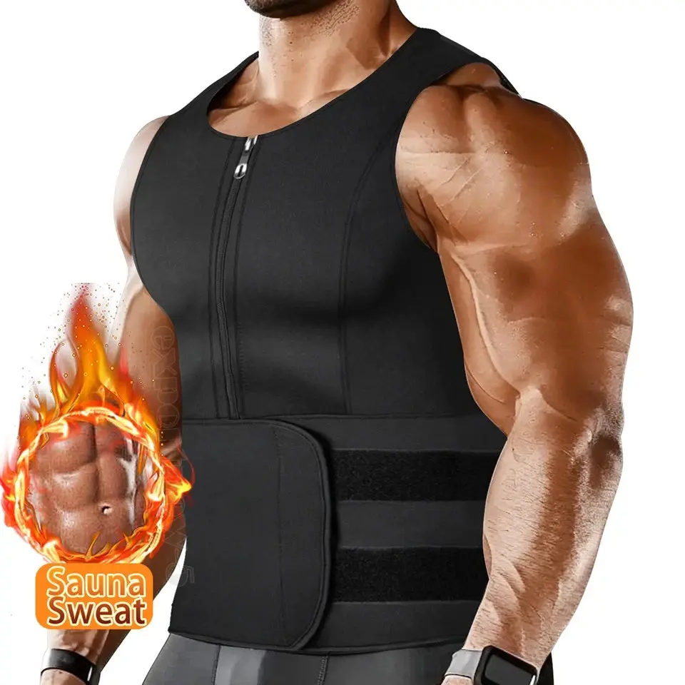 Men's Waist Trainer Vest, Compression Men's Sports Vest, Sleeveless Neoprene Sauna Sweat Body Shaper with Adjustable Belt and Zipper for Workout & Tummy Control, Sweat Management