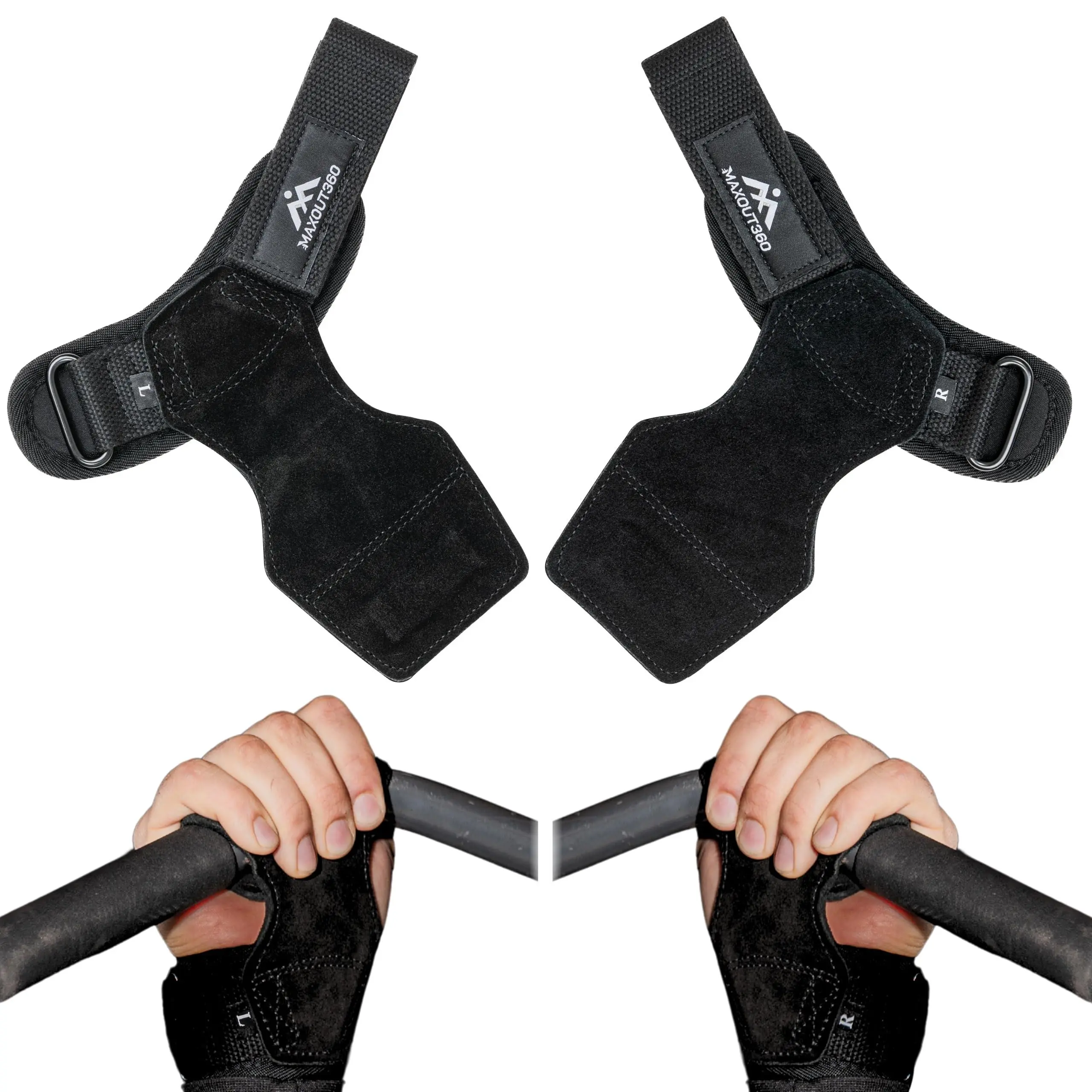 MaxOut360 Lifting Straps & Grips for Weight Lifting (Leather Hand Grips), Gym Straps Weight Lifting, Crossfit Grips for Deadlift, Gym Hand Grips for Women & Men, Black