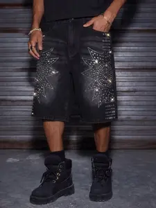 Men's Gradient Rhinestone Denim Shorts, High Waist Loose Fit, Casual Button Fly, Above Knee, Summer Fashion, Perfect for Parties and Travel
