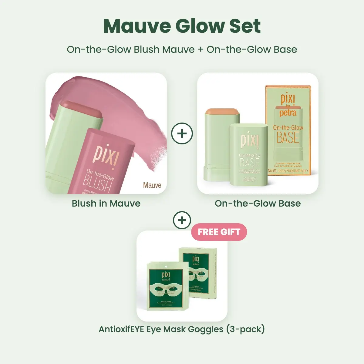 Pixi Mauve Glow Set - On-the-Glow Blush in Mauve + On-the-Glow Base Stick, with FREE AntioxifEYE Eye Mask Goggles