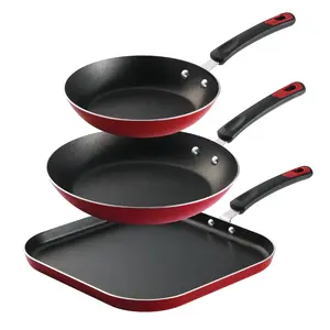 8 in and 10 in Frypan,11 in Square griddle,Quick heat distribution 3 Pieces Aluminum Non-stick Fry Pan and Griddle Set – Metallic Red