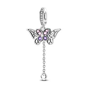 MULA 925 Silver-plated Pink and Purple CZ Butterfly with Heart Pendant, Elegant Insect Jewelry Compatible with Pandora Bracelets, Perfect for Women Girls Birthday Anniversary Gift