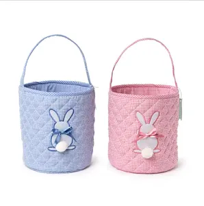 Hoppy Easter Quilted Bucket Tote w Embroidered Bunny Applique Assorted 2 Colors