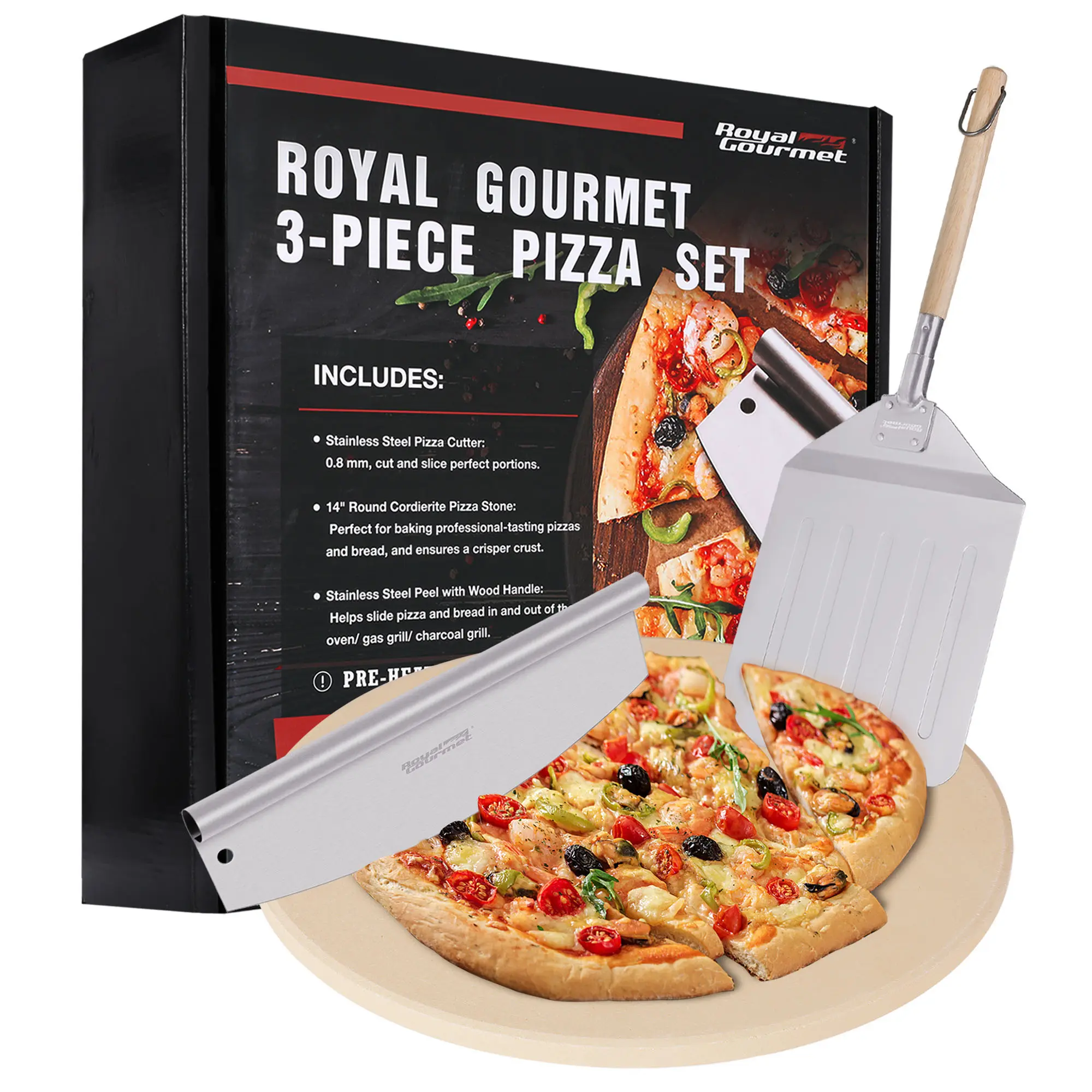 Royal Gourmet KSF1406 3-Piece Pizza Set for Grill & Oven, 14-Inch Cordierite Pizza Stone with Pizza Peel and Cutter, BBQ Baking Accessories Tools for Homemade Pizza, Bread & Outdoor Cooking,Multi