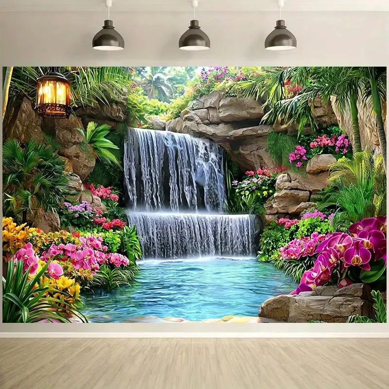 Polyester Tropical Waterfall & Flower Print Backdrop Banner Prop with Rich Greenery - Birthday-Themed Festive Backdrops & Banners for Weddings, Business Nature-Themed Photography Decor