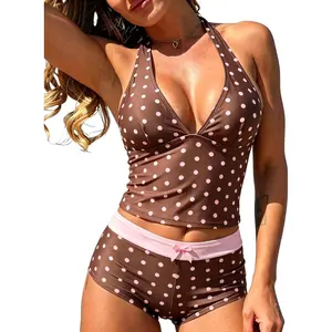 Women's V Neck Tankini Swimsuits with Shorts Halter Tummy Control Bow Color Block Two Piece Bathing Suit