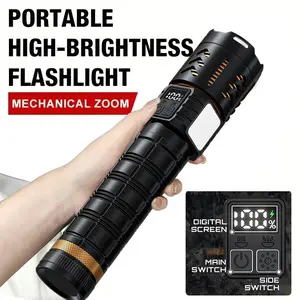 This aluminum alloy flashlight, Rechargeable flashlight, 8 lighting modes, retractable zoom, 7200 mAh, USB-C charge, real time battery level display, portable accessory for hiking, travel, home use, and outdoor exploration, perfect gift for enthusiasts