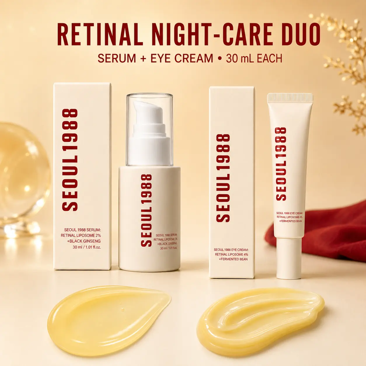 Retinal Night Skincare Duo, 30 mL Facial Serum with Black Ginseng and Eye Cream with Fermented Bean, Two-Step PM Face & Eye Care Set