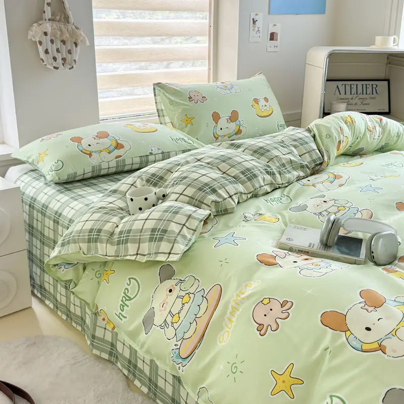 Fresh Green Four-Leaf Clover Bedding Set Cartoon Little Girl Peach Print Reversible Duvet Cover Sheets Pillowcases