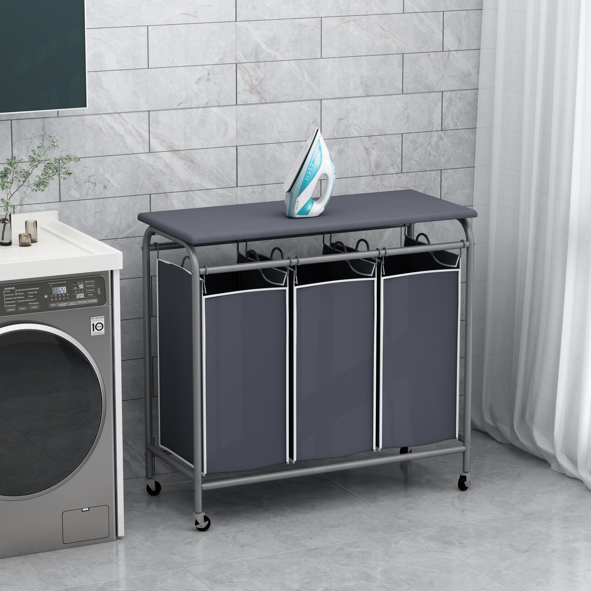 3 Bag Laundry Basket Sorter Heavy Duty Rolling Lockable Wheels Laundry Hamper Cart with Ironing Board and Removable Bags Organiser Smooth Household Cover