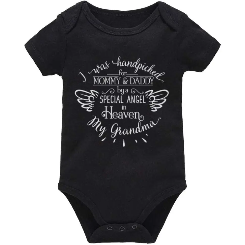 100% Cotton Long Sleeve Commemorative Baby Bodysuit - Grandma in Heaven Print Bodysuit Outfit for Infant Boys, Hand-Picked for Parents, By Grandma In Heaven Memorial, Buttons, Baby Boy Clothes, Pure Cotton, Fitted, Skin-Friendly, Slogan, Machine Washable