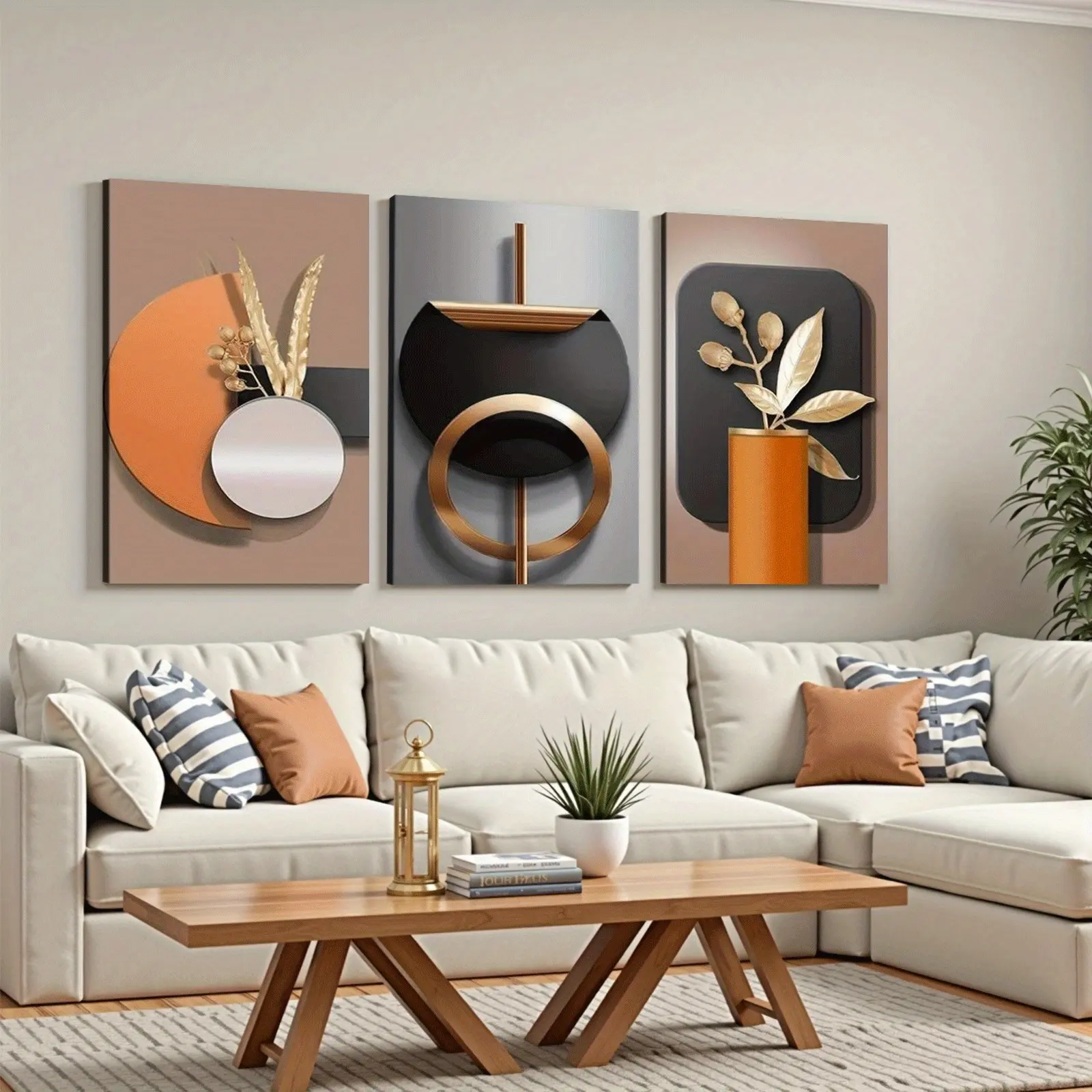 3pcs Framed Canvas Print Wall Art - Nordic Black Golden Foil Abstract Geometry Light Luxury 2D Decor, Eco-Friendly Multi-Size (12"x16",16"x24") Modern Home Decor Products, Hanging Ornament Gift for Home Rooms, Modern Art Design