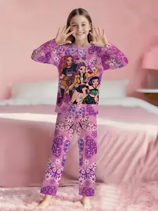 Floral Vitality Girl Group 2-piece set: girls' digital printed long-sleeved pajamas with long pants, made of flame-retardant fabric. A fashionable, trendy, casual, comfortable and soft pajama set, suitable for sleeping and home leisure. 100% polyester, su