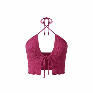 Handmade Crochet Halter Top Pink Tie Front