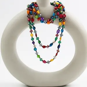 Women's Summer Handmade Multi-Layer Mixed-Color Crystal Bead Chain Necklace - Colored Shell Accent Long Artistic Jewelry, Brightly Colored Assorted Set with Matching Stone Bracelet, Ideal Gift for Girlfriend, Crystal Necklaces, Brightly Colored Necklaces