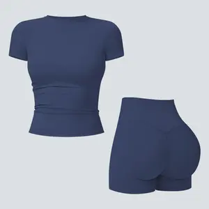 Tenwolf Women's Solid Ribbed Crop T-Shirt & High-Waisted Shorts Set, Quick-Dry for Yoga, Gym, Workouts, Running, Ladies' Sports Apparel for All Seasons, Women's Workout Sets, Women's Workout Clothing, Fitness Clothing, Casual Activewear, Fitness Summer Bo