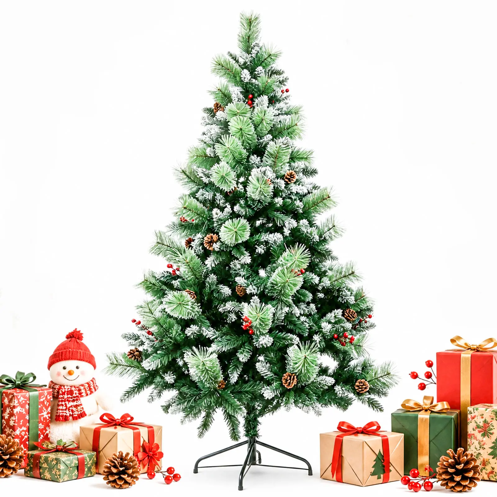 6FT/7FT Snow Flocked Christmas Tree, Artificial Christmas Trees with Pine Cones And Berries, Base And Quick Assembly Design, Outdoor Indoor for Winter Holiday Decor, Realistic Full Tree for Shop Hotel