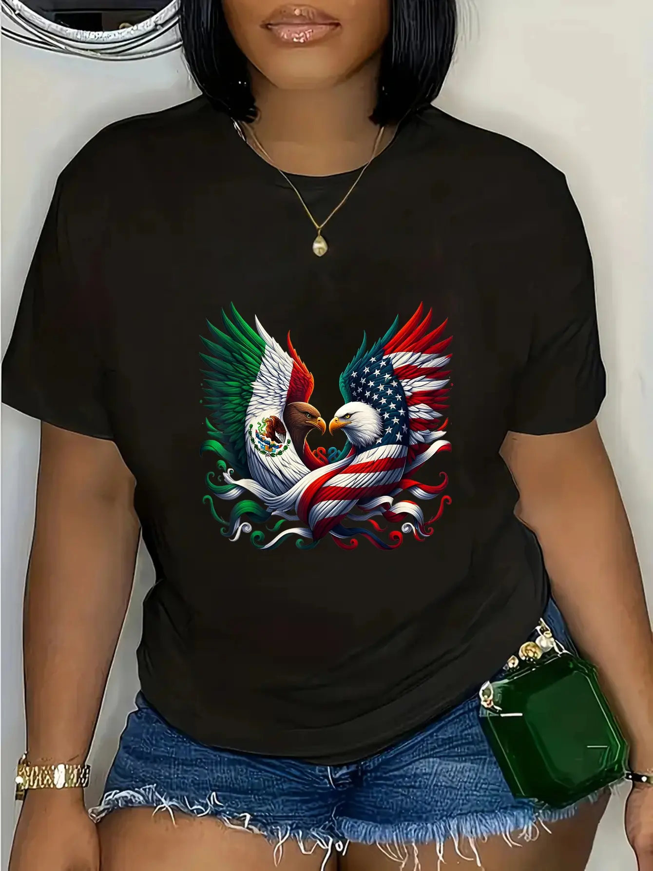 Men's 100% Cotton Unisex Round Neck Short-Sleeve Tshirt - Menswear with Whimsical Playful Distressed America-Mexico Flag Print, Mexican Roots Casual Top