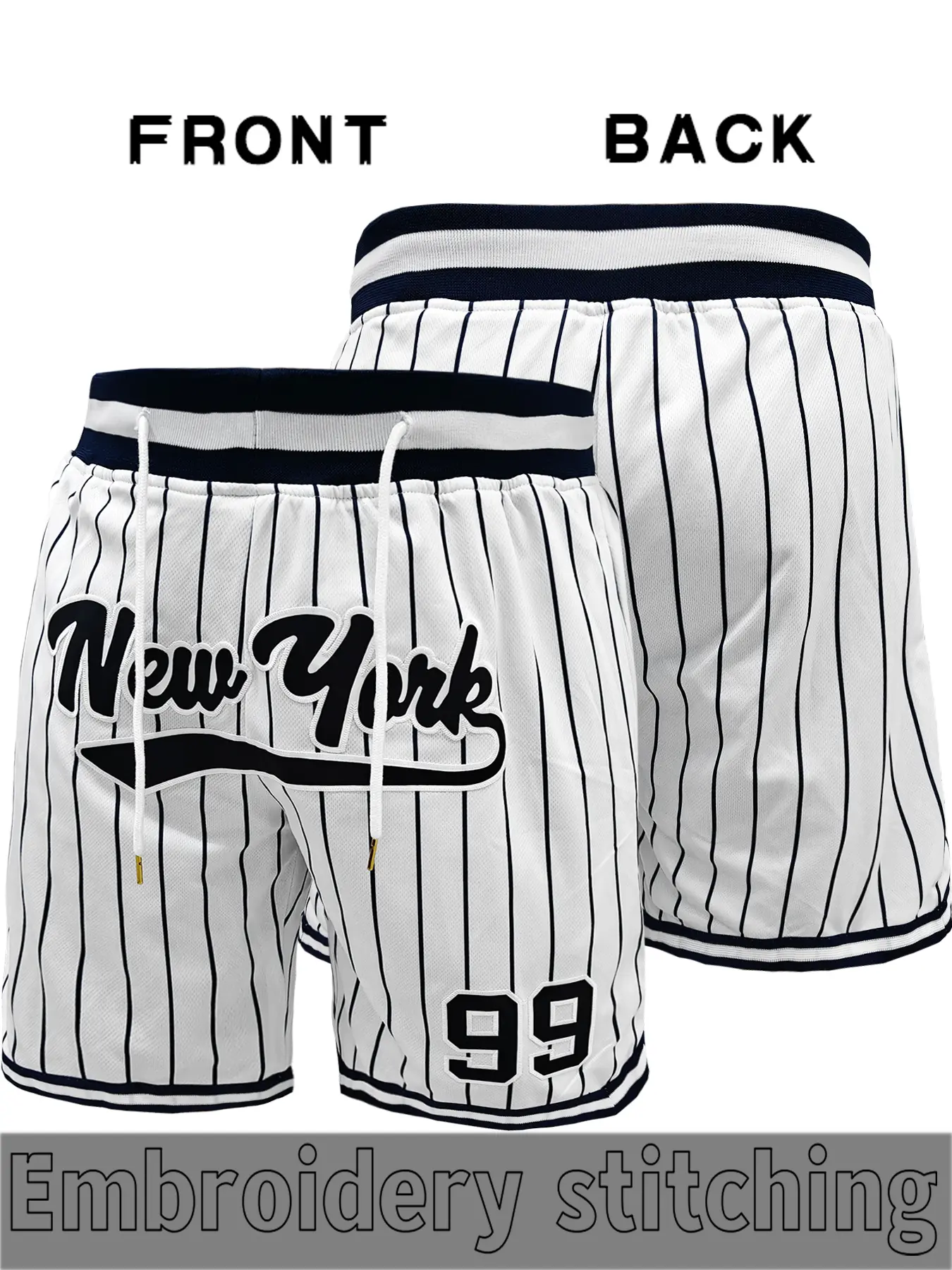 Men's striped Retro Baseball shorts, New York letter Embroidery, breathable and comfortable fabric, drawstring design sports pants, Streetwear Sports Shorts, suitable for daily leisure, street fashion, fitness
