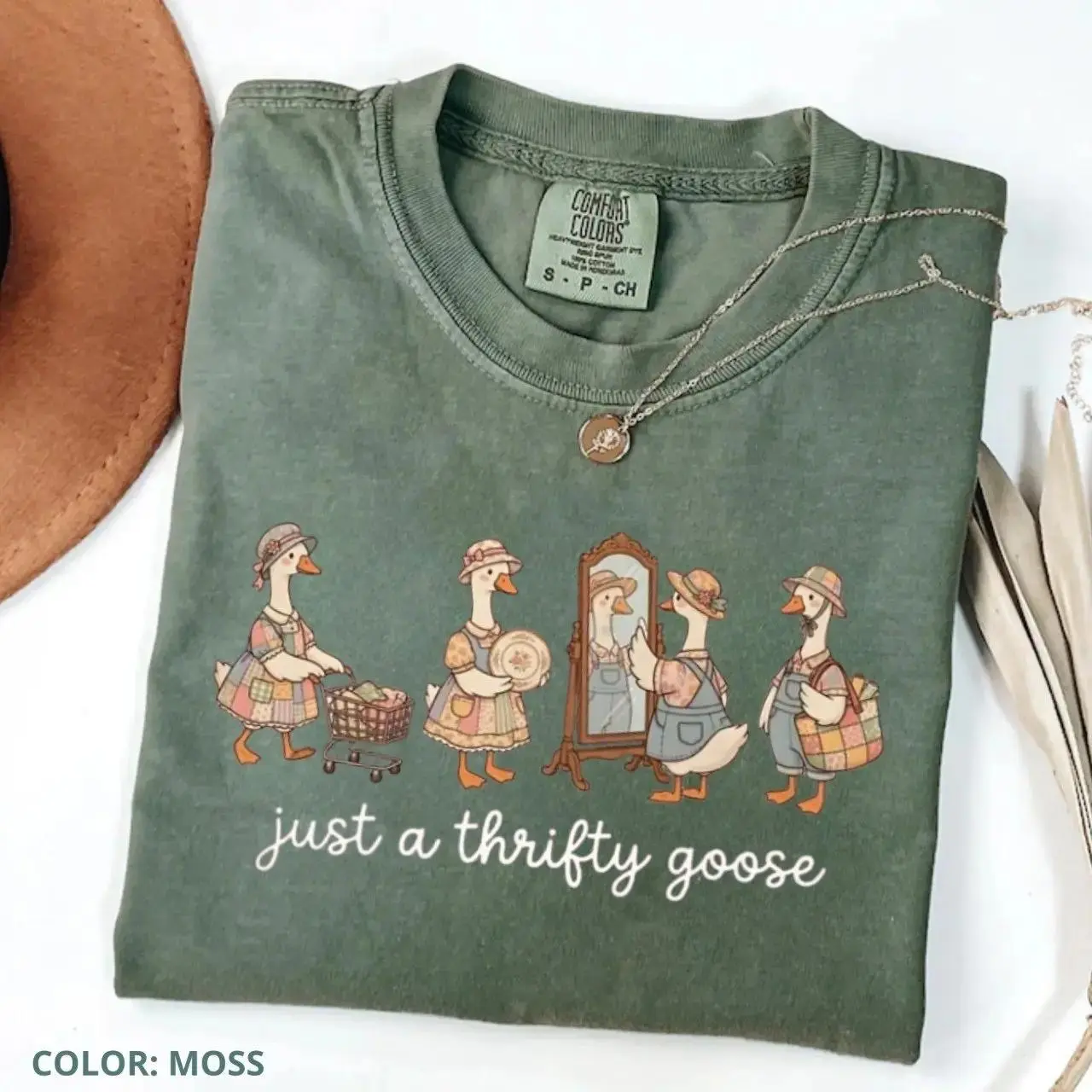 Just a Thrifty Goose T-Shirt, Funny Thrift Shopping Geese Graphic Tee for Women, Cute Thrift Lover Shirt, Bargain Shopper Gift, Antique Goose Top