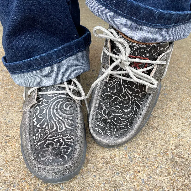 Twisted X Women's Grey Tooled Leather Boat Shoe Driving Mocs WDM0130