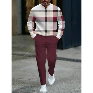Men's 2-Piece Retro Checkered Geometric Art Print Long Sleeve Shirt & Casual Pants Set, European American Spring Summer New Arrival, Sporty Menswear Suitable for Outdoor & Daily Wear