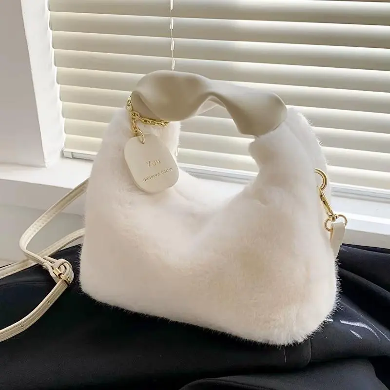 Women's  Faux Fur Plush Shoulder Bag | Ruched Handle Half-Moon Hobos Crossbody | Soft Winter Tote for Casual & Dressy Outfit Yogodlns