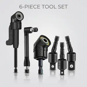 6-Piece Right-Angle Drill Bit Accessory Kit, 360° Rotatable Impact Socket Adapters 1/4" 3/8" 1/2", 105° Hex Shank & 90° Right Angle Drill Adapter, Universal Tool Set for Drill Drivers