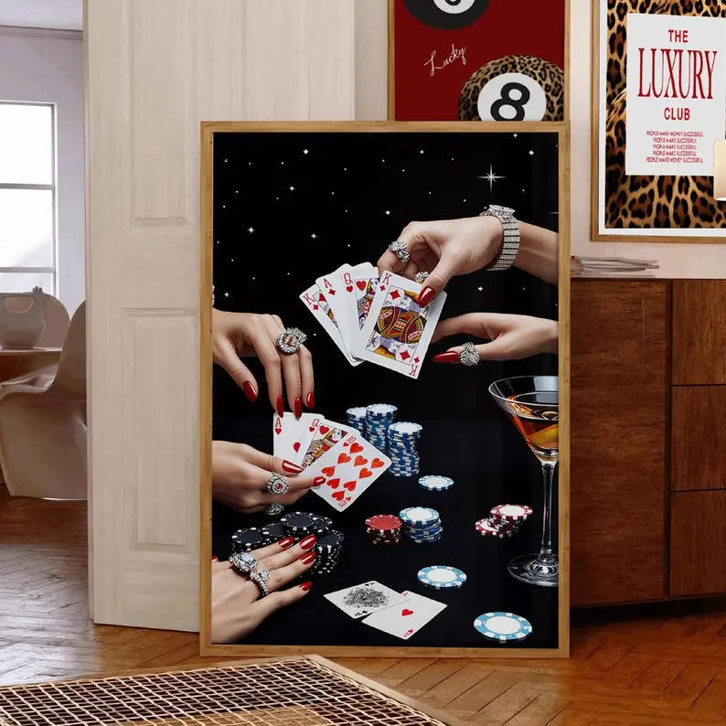 Vintage Playing Cards Wall Art Poster - Retro Poker Night Cards & Drinks Vintage Art Graphic, Multi-Size Eco-Friendly Printing Paper Print, Dining Room & Kid Room Anime Indoor Home Decor