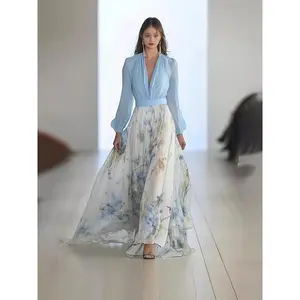 2025 European and American women's digital printed long-sleeved V-neck patchwork long dress dress