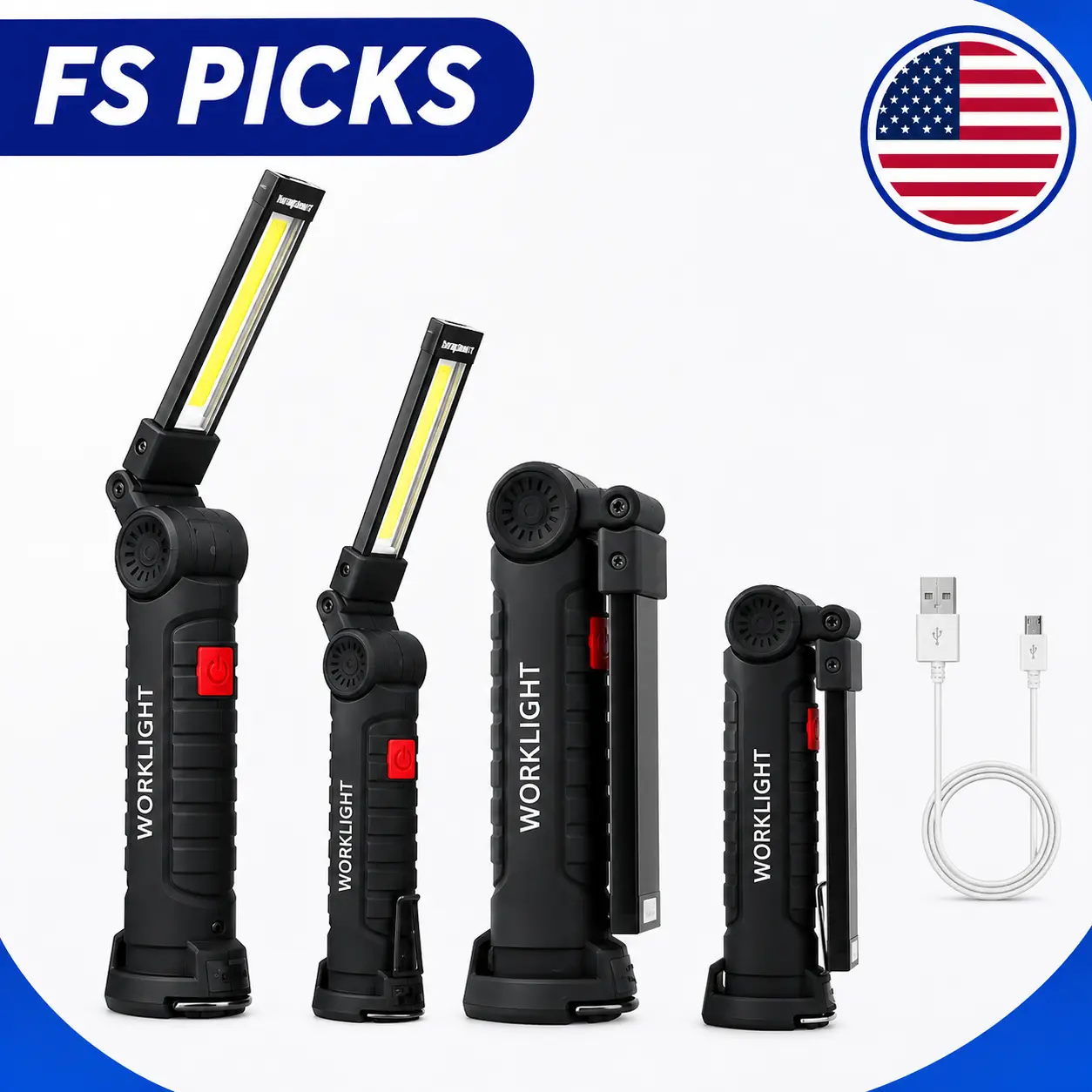 Magnetic Rechargeable COB LED Red Work Light - Handheld LED Flashlight, Folding Steel Torch with USB Cable, 18650 Battery, 2.1oz (Small)/4.7oz (Large) for Camping & Hiking, Rechargeable Spotlight, Rechargeable Magnetic Flashlight