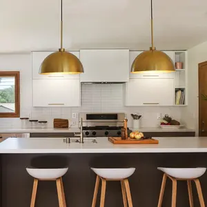 Modern two- brushed gold dome pendant , adjustable hanging industrial metal kitchen island lighting fixture, E26 base, dimmable linear chandelier for dining room, bar, café, farmhouse home decor