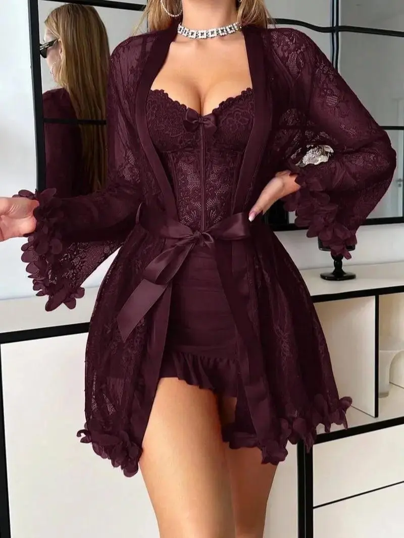 Women's 2-Piece Lace Lingerie Set - Corset Babydoll Chemise Nightdress with Sheer Long Sleeve Mesh Robe, Flared Ruffle Loungewear, Adjustable Fabric Style for Bridal Honeymoon Black