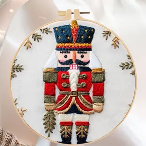Embroidered Beginner Kit for Elegant Cross Stitch, Christmas Nutcracker Soldier Design, Includes Cotton Fabric, Thread, Needle, 20cm Bamboo Hoop, Embroidery Kit