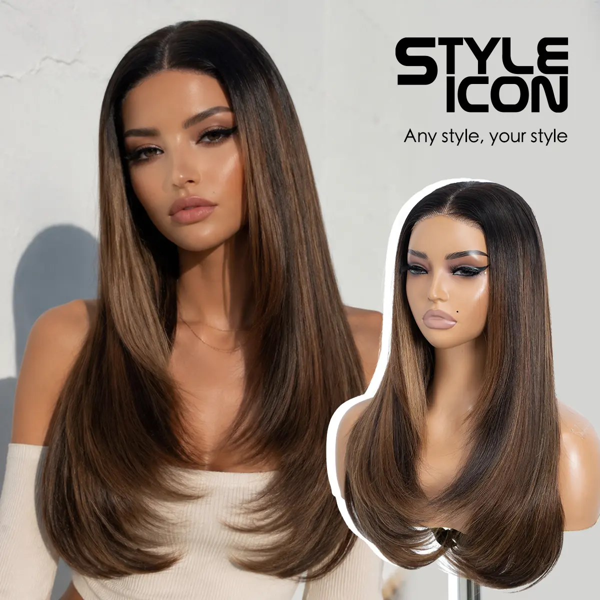 [JINI for Live] STYLE ICON 24 inch Multi-Layer Long Black Straight Hair Wig 6x4 Pre-Cut Lace Long Layered Hair Synthetic Free Part Wig Wear and Go Glueless Wig