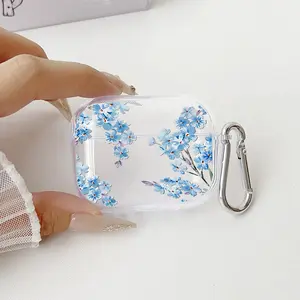Blue Floral Charm Pattern Protective Case for AirPods 4/3/2/1/Pro/Pro2 Soft TPU Earphone Cover, Transparent with Keychain