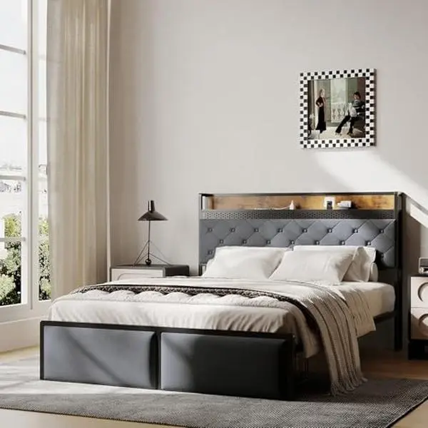 GARVEE Storage Bed with Footboard Drawers & LED Platform, Modern Super King Size Bed Frame with Built-in Nightlight & Storage, Space-Saving Platform Bed Frame for Bedroom (Gray Color)