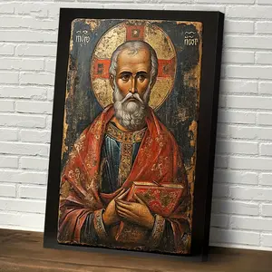 1 Piece Saint Nicholas Byzantine Orthodox Saint Icon Hanging Painting - Curved Canvas, Exquisite Details and Gold Embellishments, Elegant Home Office Church Decoration, Religious Artwork, 2D Flat Design, Perfect Room Decoration Ornaments