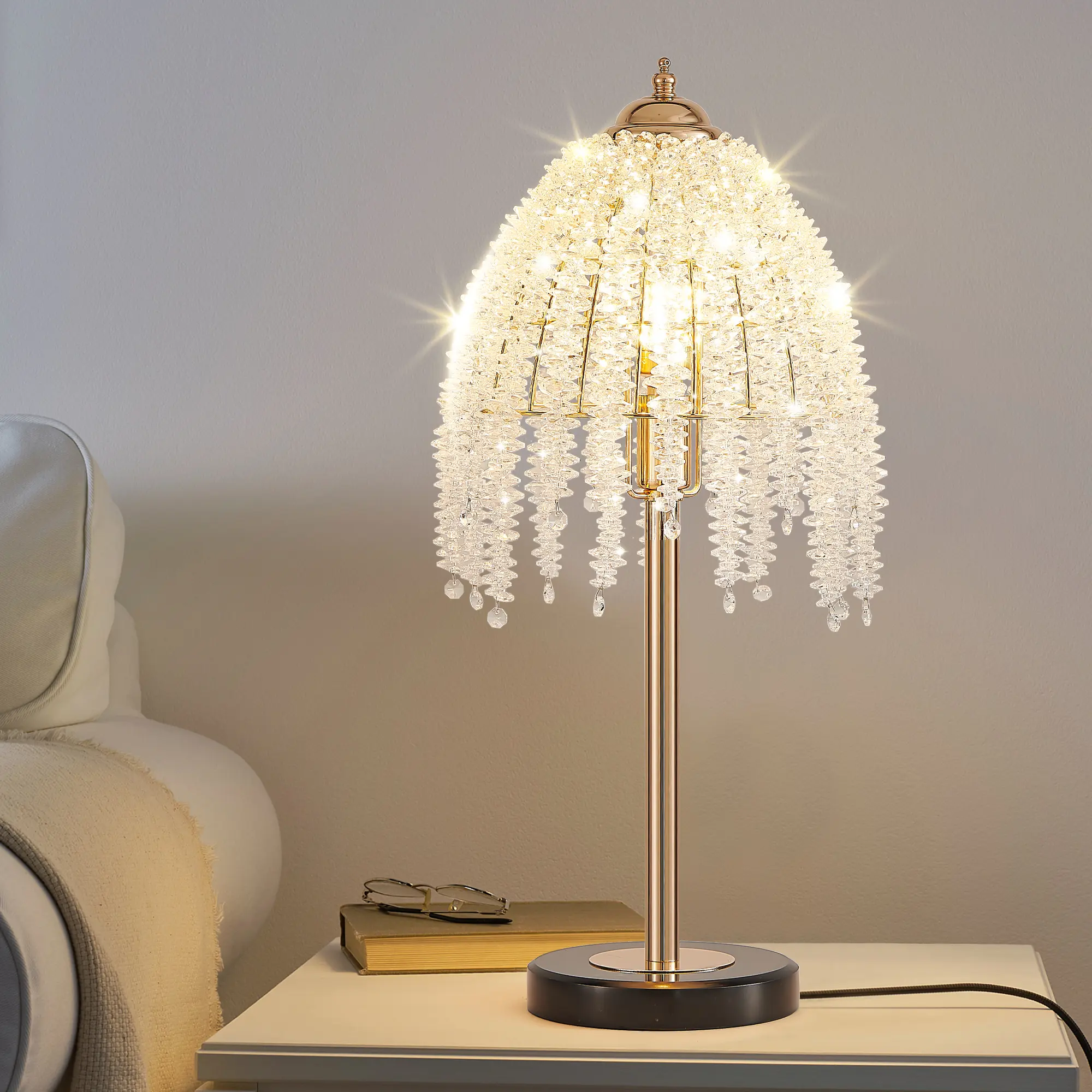 Luxury Gold Cascading Crystal Table Lamp, E12 Tassel Beaded Desk Lamp, Modern Elegant Bedside Nightstand Lighting for Bedroom Decor