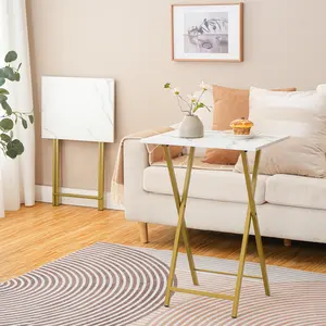 HOOBRO Lightweight Design Folding TV Tray Tables, Set of 2 Stable Snack Table for Small Space, Portable Sofa Side Table, Easy Assembly and Storage, Ideal for Snacks and Meals in Living Room, Marble and Gold #SummerVibes