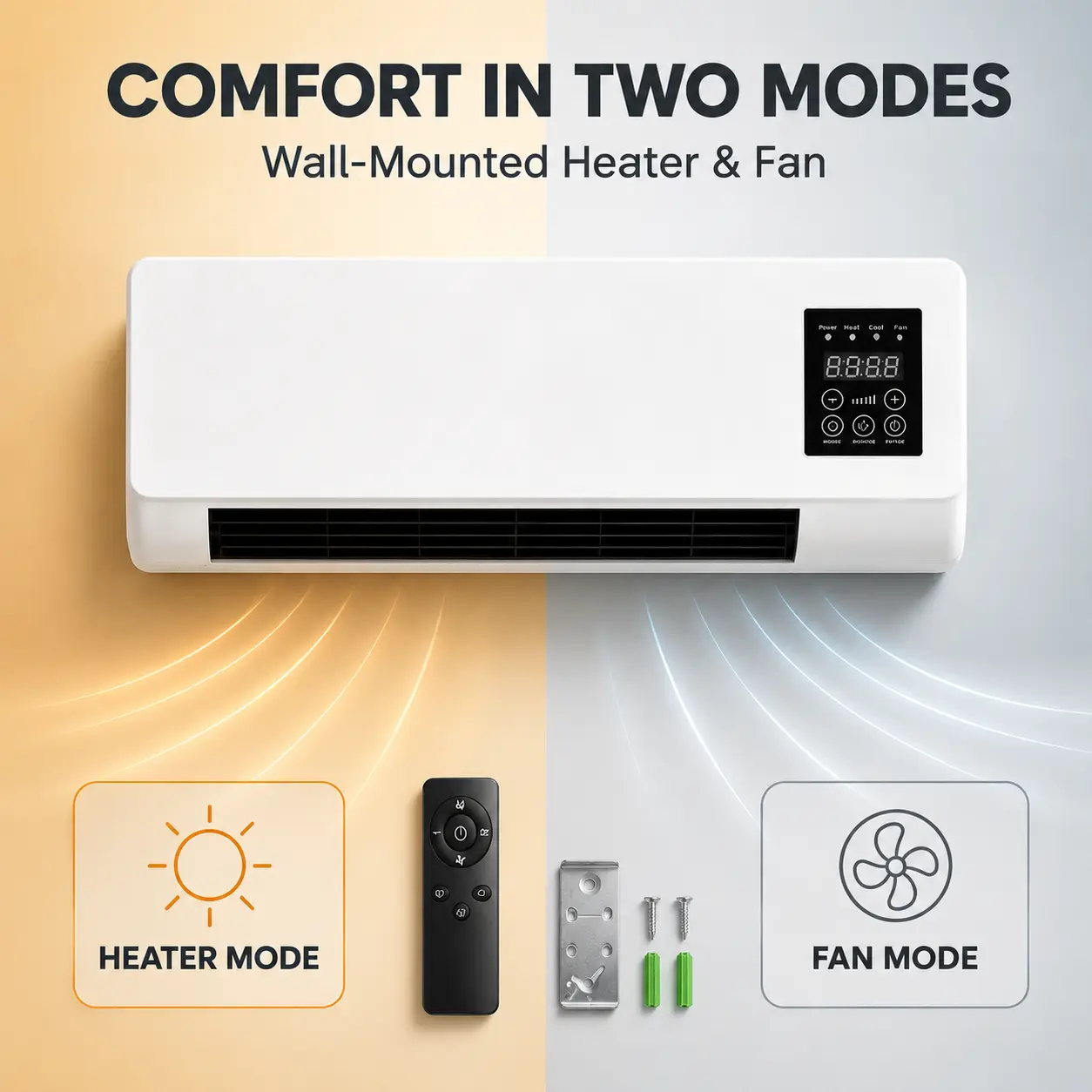 Boating Eco-Smart Dual-Function Wall Air Conditioner - 1400W, 2-in-1 Heating & Cooling Fan, Remote Touch Control, 6-Hour Timer, Natural Breeze for Home Indoor Use