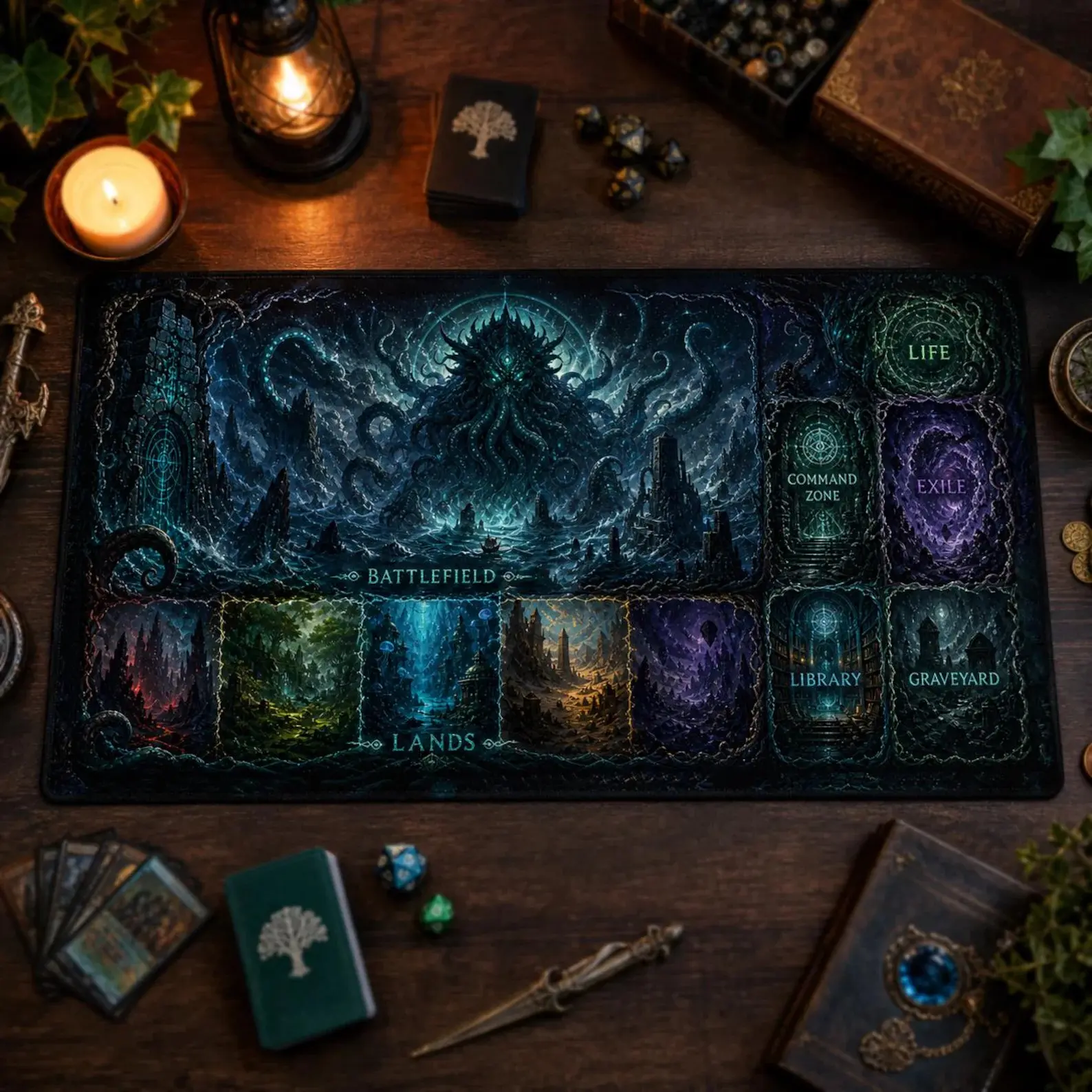 Eldritch Horror MTG Playmat with Zones Dark Fantasy Cthulhu Gaming Desk Mat Large, TCG Commander