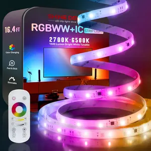 LED Strip Light RGBWW +CCT +IC, Multi Functions Warm/Cool White Tunable Bright Dimmable Color Chasing, Flexible Adhesive 16.4FT with Remote & 24V ETL Power for Indoor