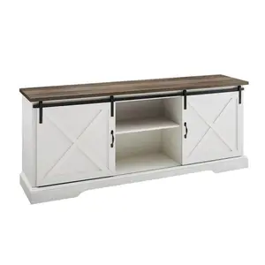 Walker Edison 70 in. 2-Tone Sliding Doors TV Console - Reclaimed Wood Media Stand with Farmhouse Look, Brushed White Finish, Tv Shelf, Farmhouse Tv Stands