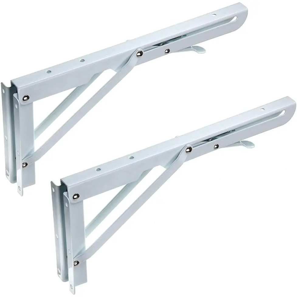 Sturdy Folding Shelf Brackets - Heavy Duty Metal Triangle Table Bench Folding Shelf Brackets, 2 count Folding Shelf Hinge Wall Mounted (12 Inch, White)