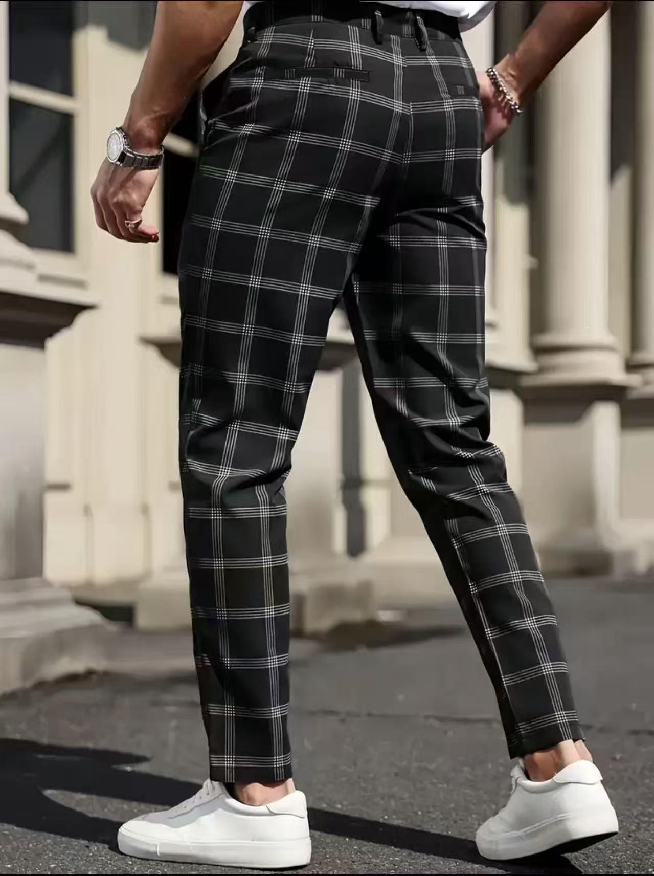Men's Slim Fit Plaid Houndstooth Pants - Mid Waist Tailored Waistband Stretch Straight Leg Menswear, Button Closure, Stretch Fabric, Business Casual Office Use, Wedding Fancy Occasions, Cool and Casual Men's Pants, Business Fashion Pants, Checkered
