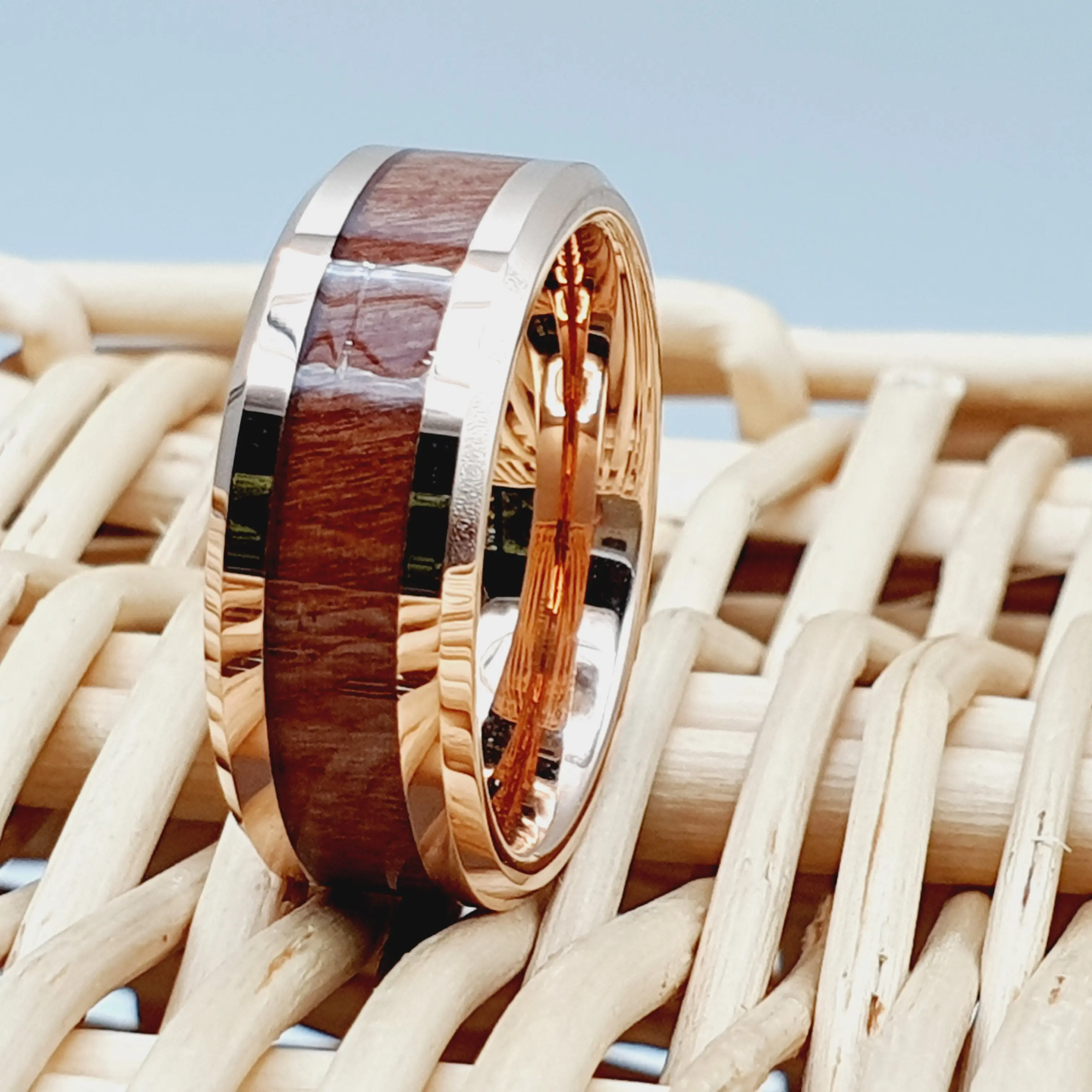 Personalized Hawaiian Koa Wood Inlay Rose Gold Ring - Custom Ring for Couples and Engagement