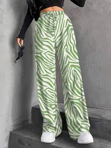 Women's Zebra Stripe Print Tie Side Flare Leg Pants, Casual Comfy Trousers for Daily Wear, Ladies Bottoms for All Seasons, Casual Fashion Trousers