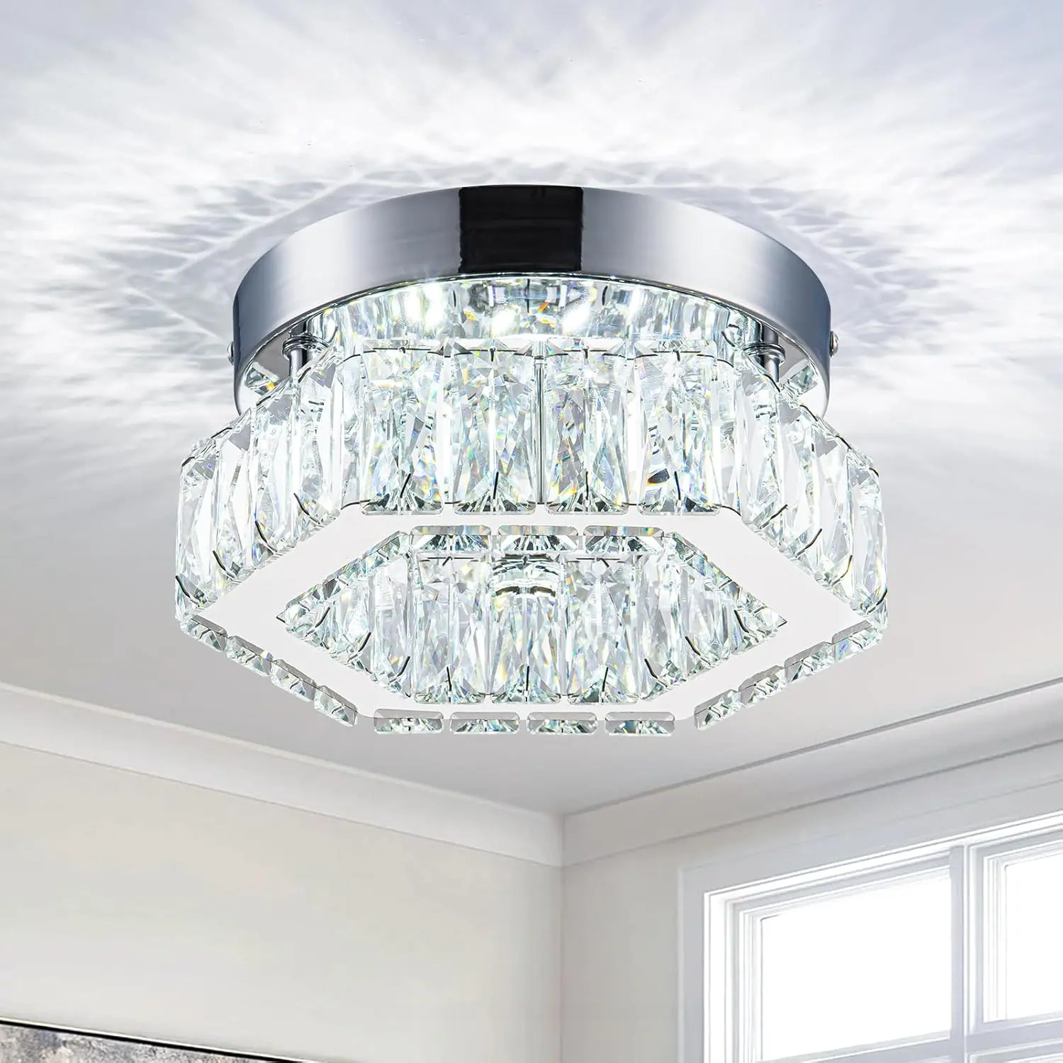 7.8" Crystal Ceiling Light Fixture, Mini Hexagonal Chandeliers 6500K Cool White  Flush Mount Ceiling Lights, LED Small Chandelier for Hallway Bedroom Foyer Kitchen Bathroom