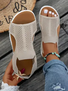 Women's New Solid Color Round Toe Slip-On Sports Sandals, Quick Outing Effortless, Selected Navy, Breathable Lightweight Non-Slip